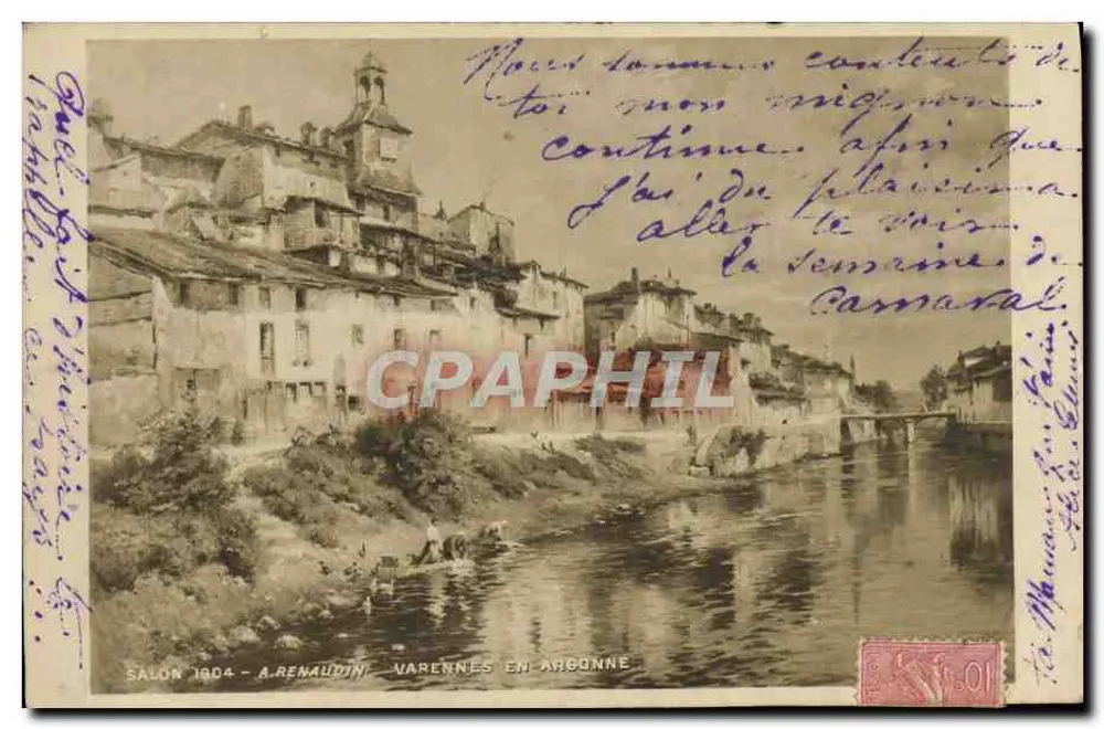 Varennes-en-Arthonne — Blick auf das Dorf und den Fluss — A. Renauldini, Salon 1904 - Vorderseite
