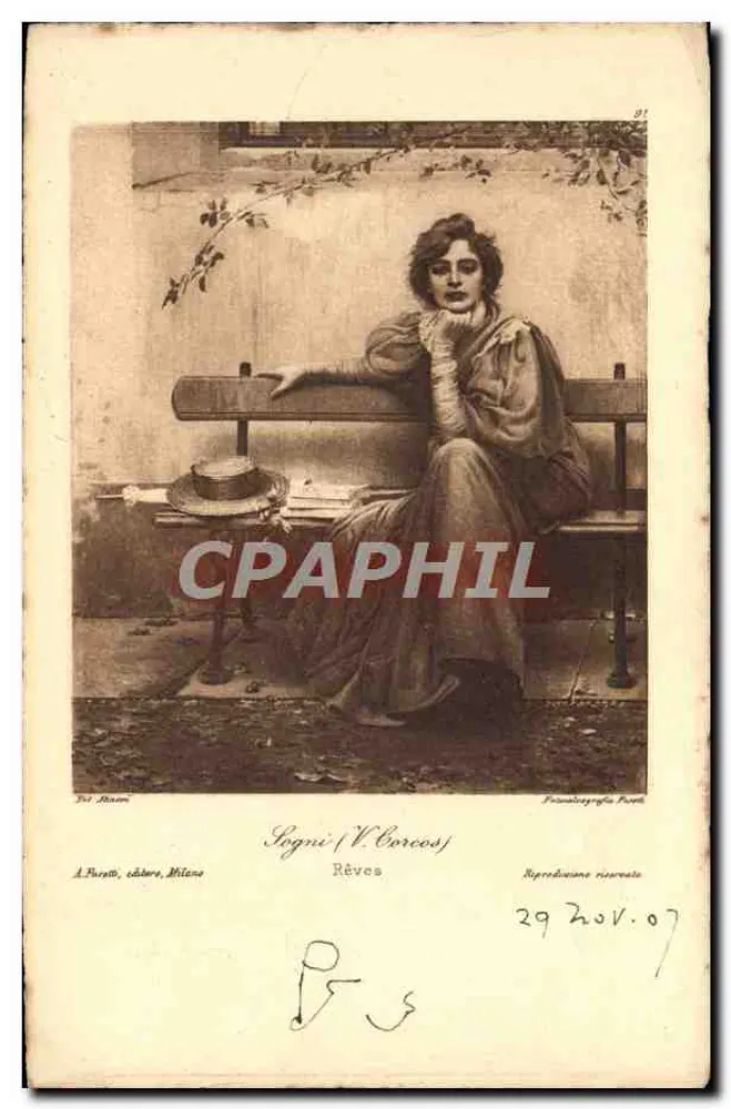 Mulher sentada em um banco — Sogni / V. Corcos — A. Puratti, editor, Milão - Frente