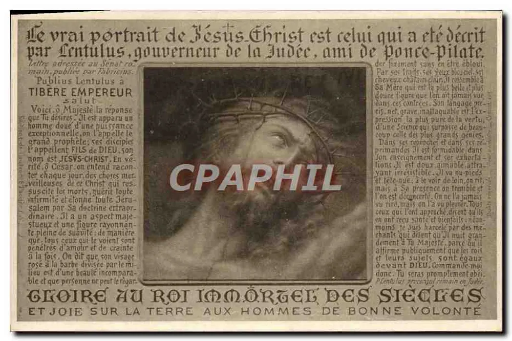 Retrato de Jesus Cristo — Carta de Publius Lentulus a Tibério — Editor E. Pacchioni, número de série não visível - Frente
