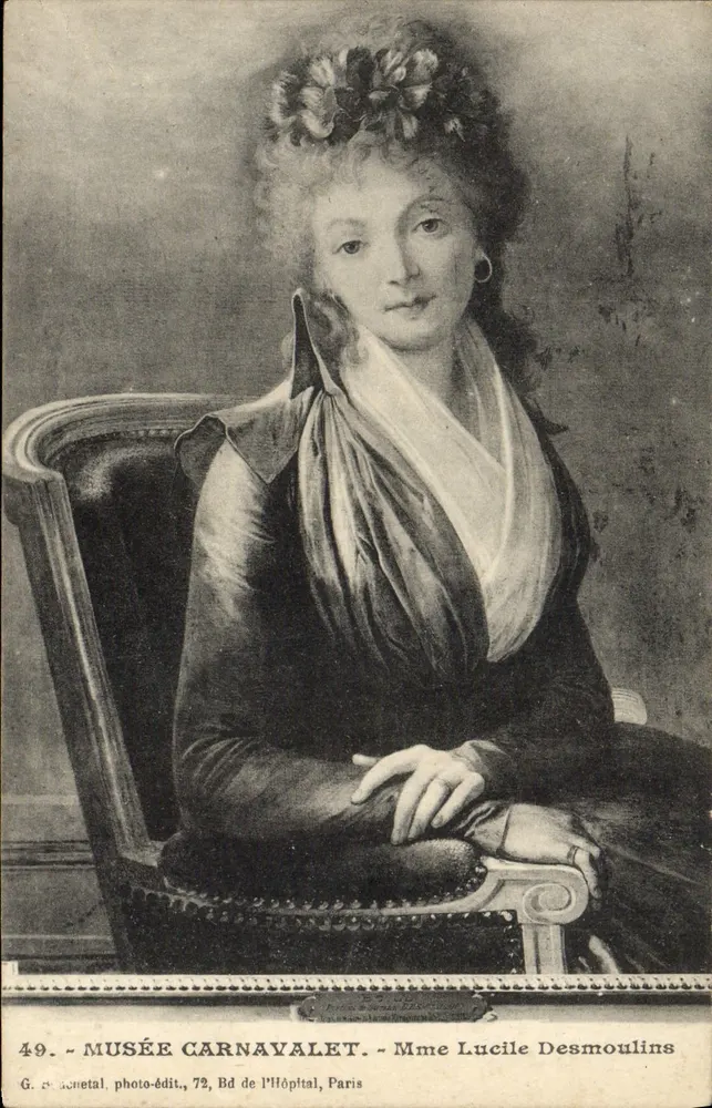 Mme Lucile Desmoulins — Retrato no museu Carnavalet — G. Carnet, foto-editora, 72, Av. da Hôpital, Paris - Frente