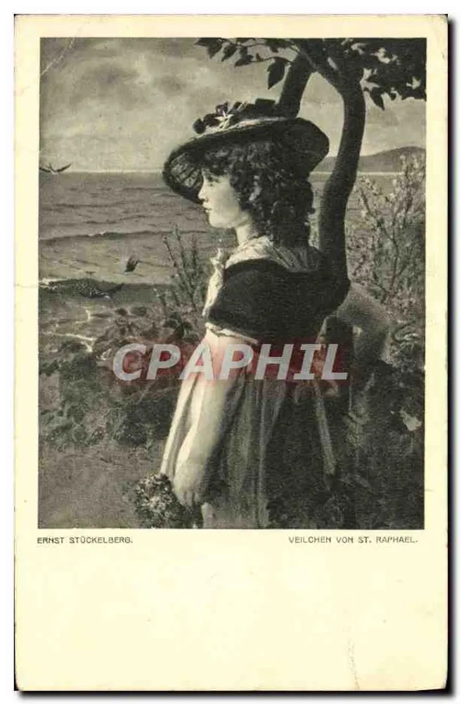 Mulher com chapéu perto do mar — obra de Ernst Stöckelberg — Veilchen von St. Raphael - Frente