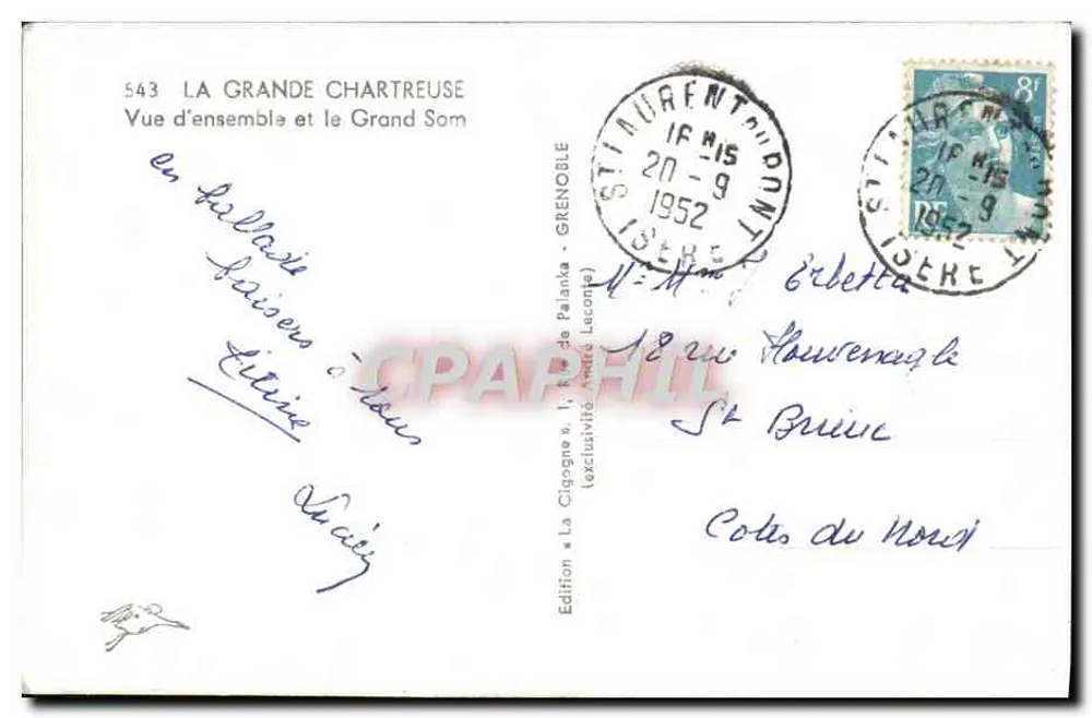 La Grande Chartreuse — Vista general y el Grand Som — Edición La Cigogne, n°543 - Reverso