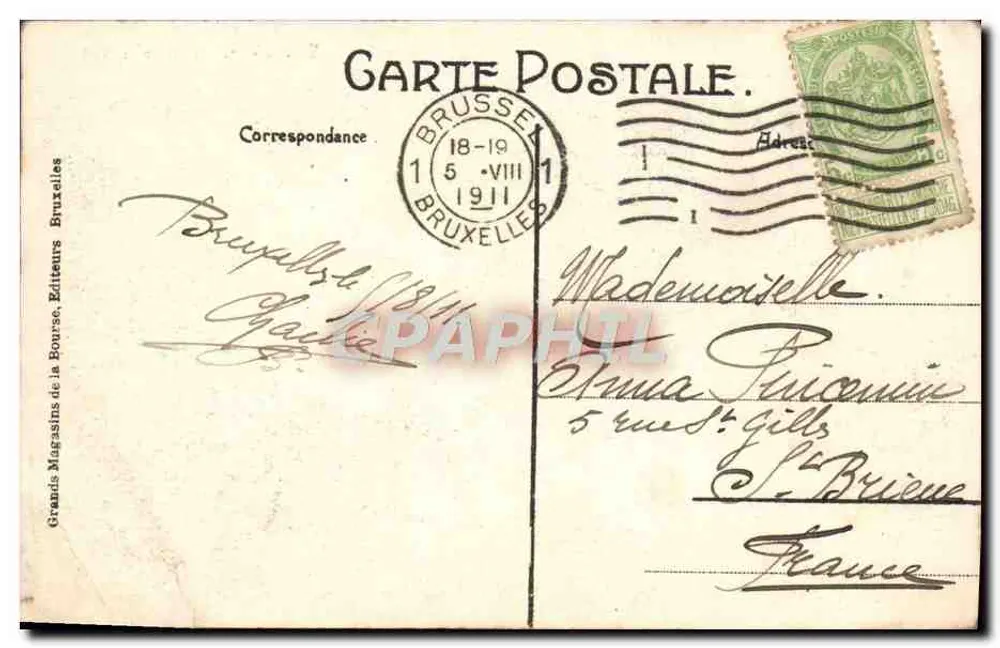 Bruxelas. Grand' Poste — Editor: Magasins de la Bourse, número de série não visível - Verso