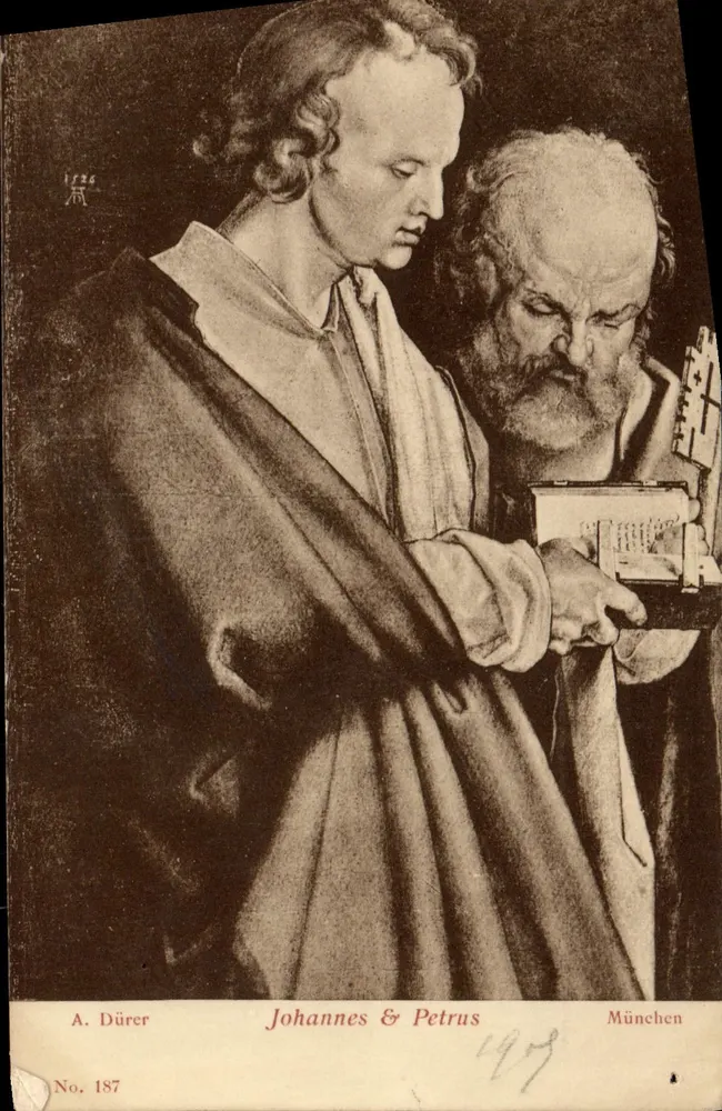 Santos João e Pedro — reprodução de uma obra de Albrecht Dürer — edição München, n° 187 - Frente