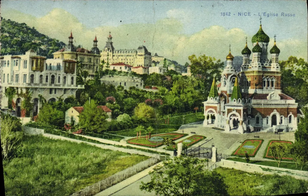 Nice - De Russische Kerk — panoramische uitzicht met orthodoxe gebouw en omringende gebouwen, uitgever L. Cauvin, n° 129 - Voorkant