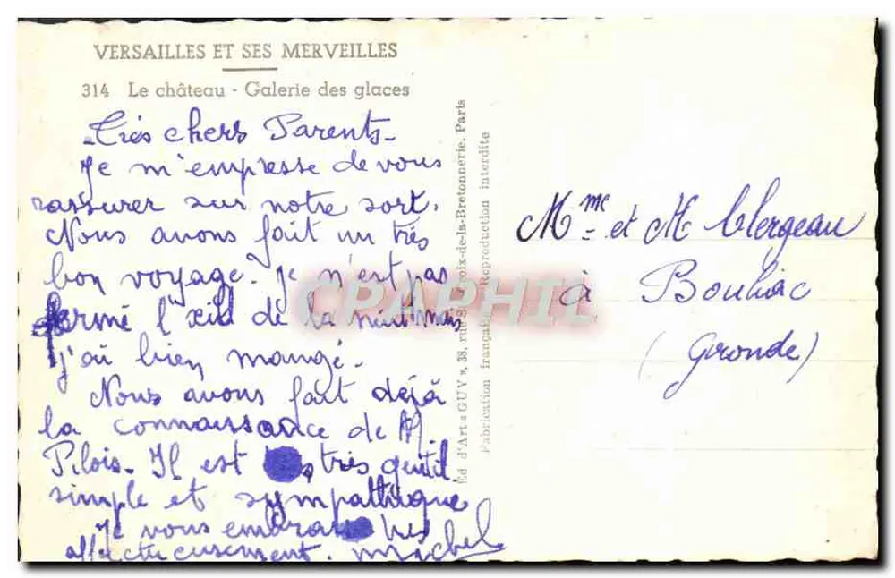 Versalhes e suas maravilhas — Galeria dos Espelhos — editor GUY, Paris - Verso