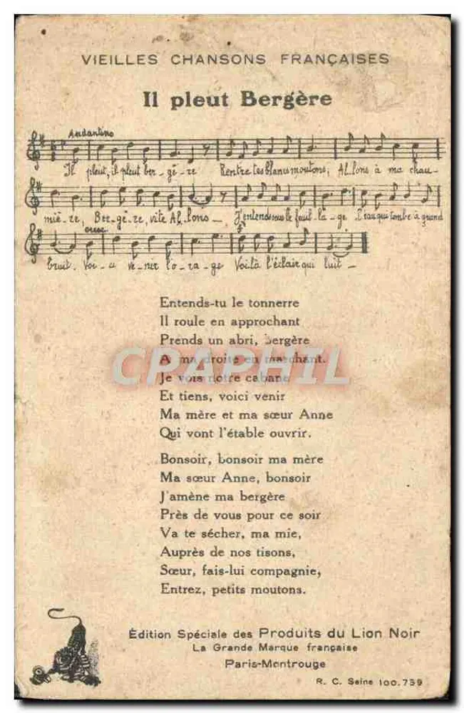 Bergère — pastorale Szene mit Schafen — Alte französische Lieder, Sonderausgabe der Produkte des Schwarzen Löwen - Rückseite