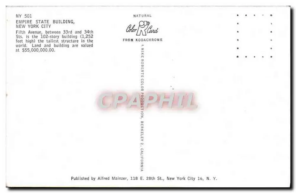 Empire State Building — New York City — Verlag Alfred Mainzer, 118 E. 28th St., New York City 16, N.Y. - Rückseite