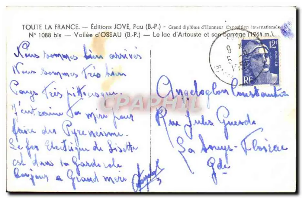Lago de Artouste e seu barragem — Vale de Ossau — Edições JOVÉ, Pou (B.P.P.) — N° 1088 bis - Verso