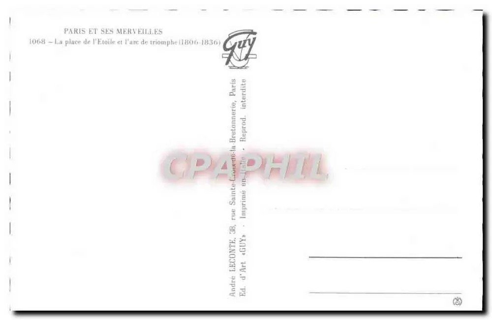 Paris — Arco do Triunfo — Editor Guy, n° 1068 - Verso