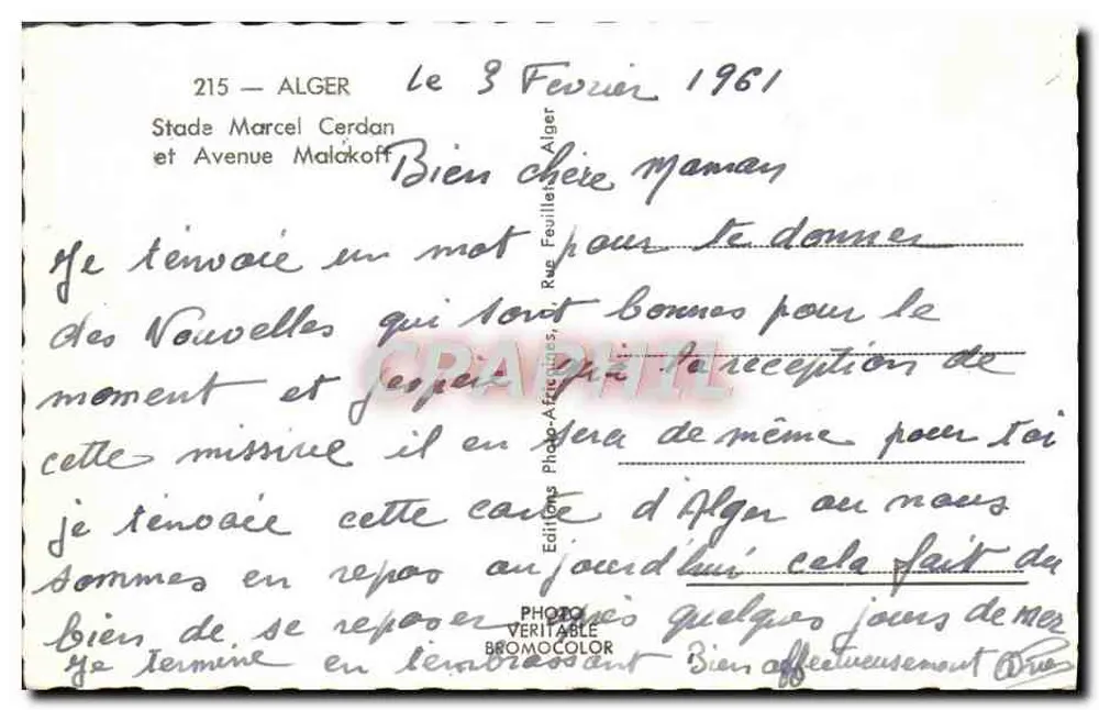 Algérie, Alger — Vue du Stade Marcel Cerdan et de l'Avenue Malakoff — Éditeur Epa - Verso