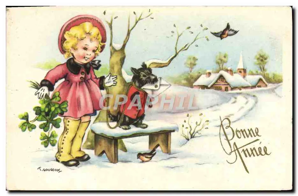 Kind und Hund in einem Winterlandschaft — T. Gougeon — Gutes Neues Jahr - Vorderseite