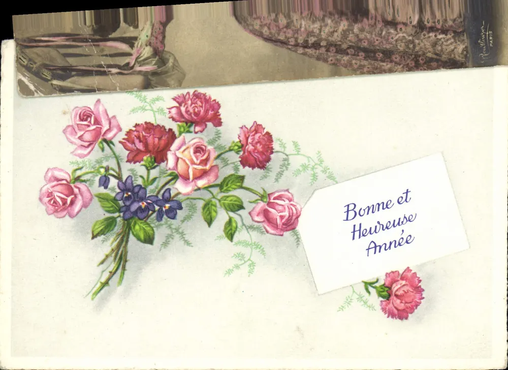 Arranjo de rosas e flores — Boa e Feliz Ano — Edições Superluxe, Paris - Frente