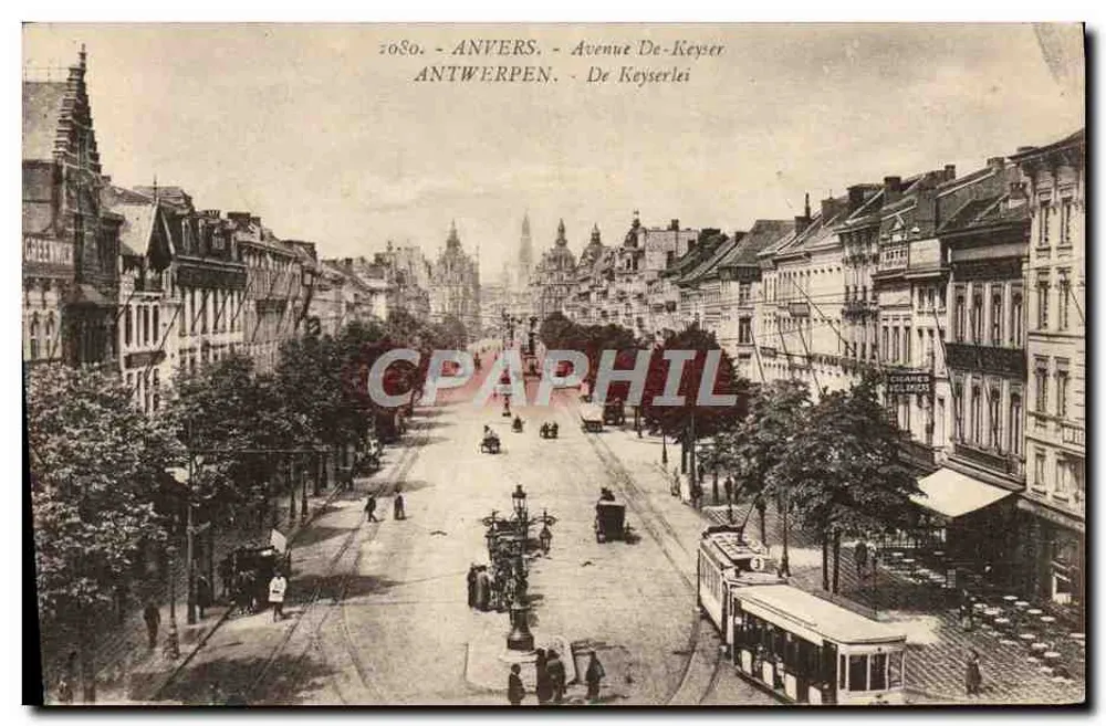 Anvers — Avenue De Keyser — widok ulicy z tramwajem i budynkami — Henri Georges, Bruksela - Awers