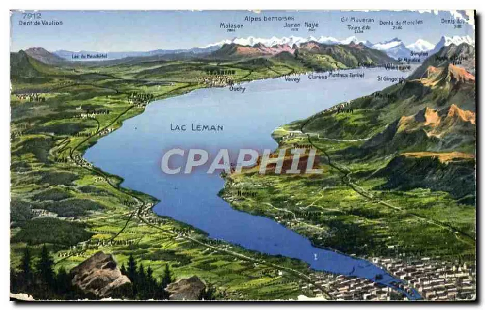 Lake Léman — panoramic aerial view — Phototypie Co., Neuchâtel, no. 7912 - Front