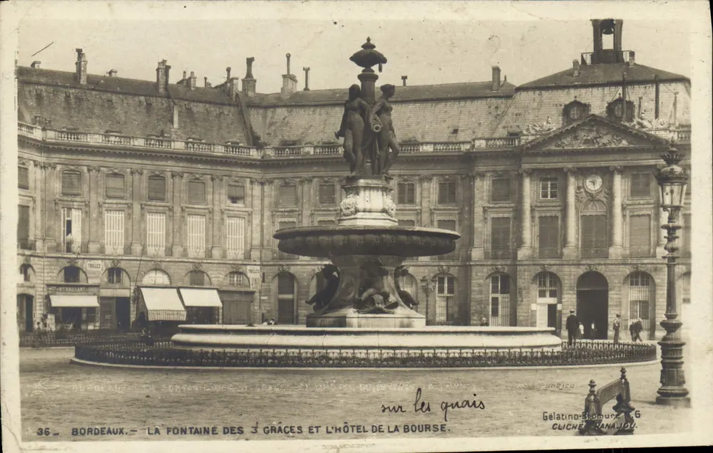 Bordeaux — Fontaine des 3 Grâces und das Hôtel de la Bourse — Gelatino-Bomnure, Cliché Canaïou, n°36 - Vorderseite