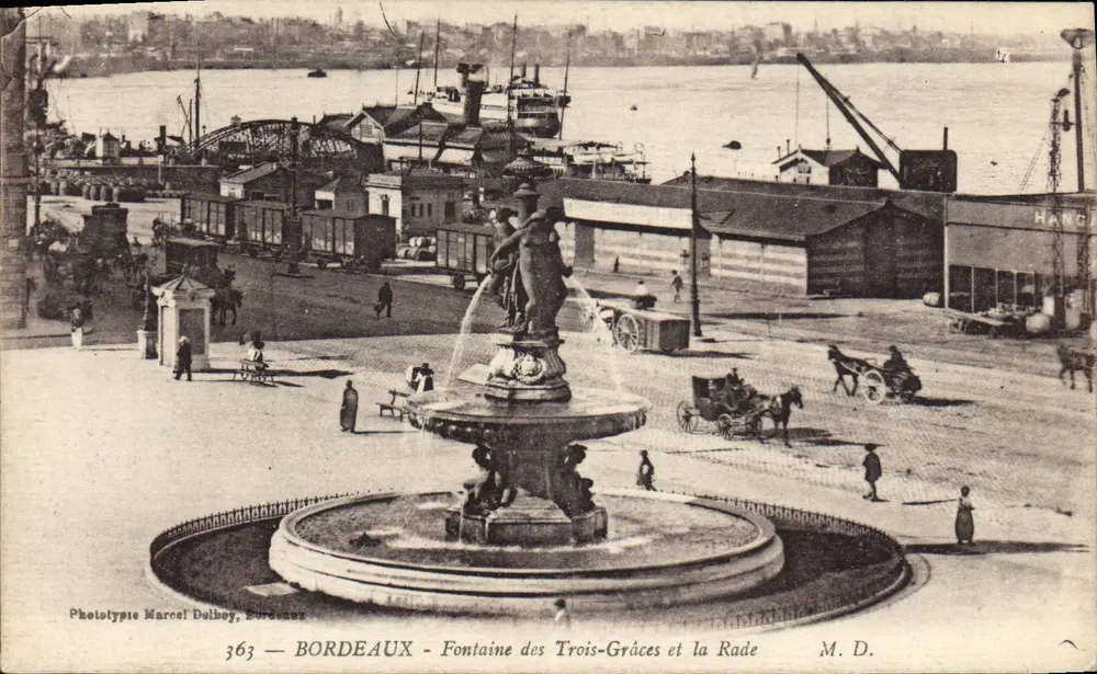 Bordeaux — Fontäne der Drei Grazien und der Hafen — Phototypie Marcel Delbey, Bordeaux, n°363 - Vorderseite