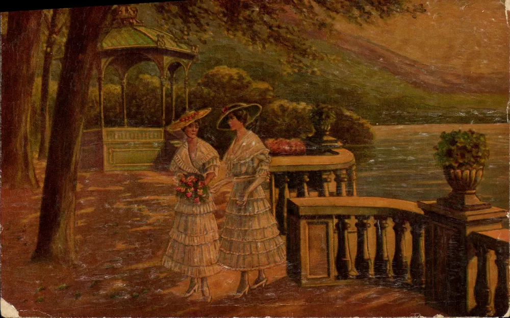 Duas damas perto do pavilhão — cena de jardim lacustre — Degli, n° 1047 - Frente
