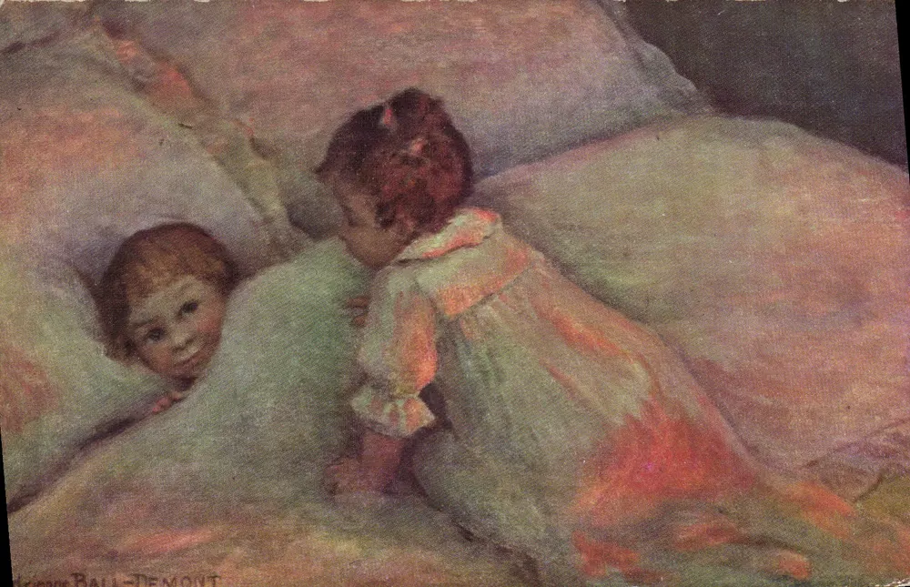 Dois crianças em uma cama — pintura de Suzanne Ball-Demont — editor desconhecido, número de série 1421 - Frente