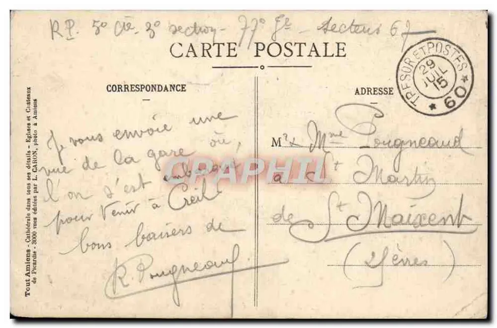 Amiens — Gare du Nord — éditeur Objectifs Goerz, n° 538 - Verso