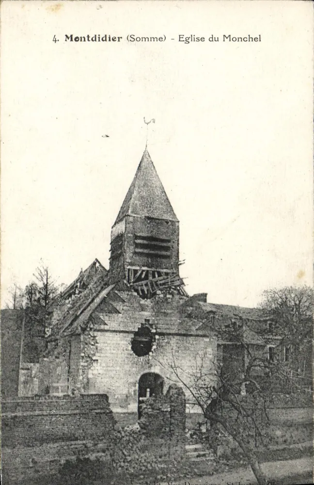 Montdidier (Somme) - Kirche von Monchel — zerstört, Verlag Vve Darnièremont - Vorderseite