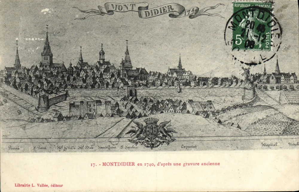 Montdidier — Panoramablick aus dem Jahr 1740 nach einer alten Holzschnitte — Librairie L. Vallée, Verleger - Vorderseite