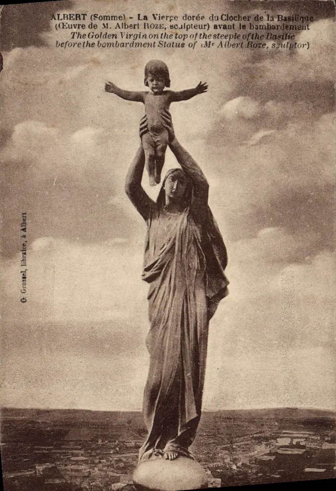 Albert (Somme) — A Virgem Dourada do campanário da Basílica — G. Grussel, em Albert - Frente