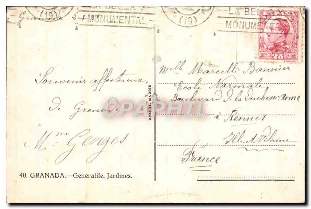 Jardins de Granada — Generalife — editor Granados Madrid, n°40 - Verso