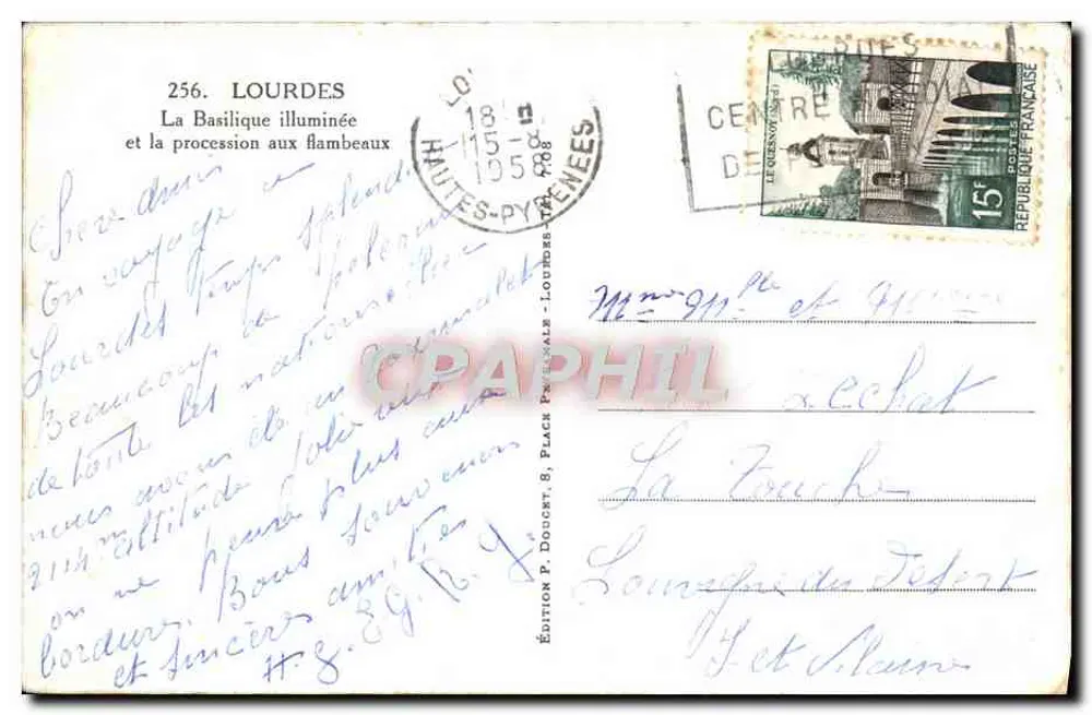 Lourdes — Die beleuchtete Basilika und die Fackelprozession — Edition P. Doucet, 8, Place P. Viala, Lourdes - Rückseite