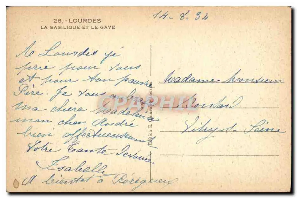 Lourdes — A Basílica e o Gave — Editor: E. Béhannecours - Verso