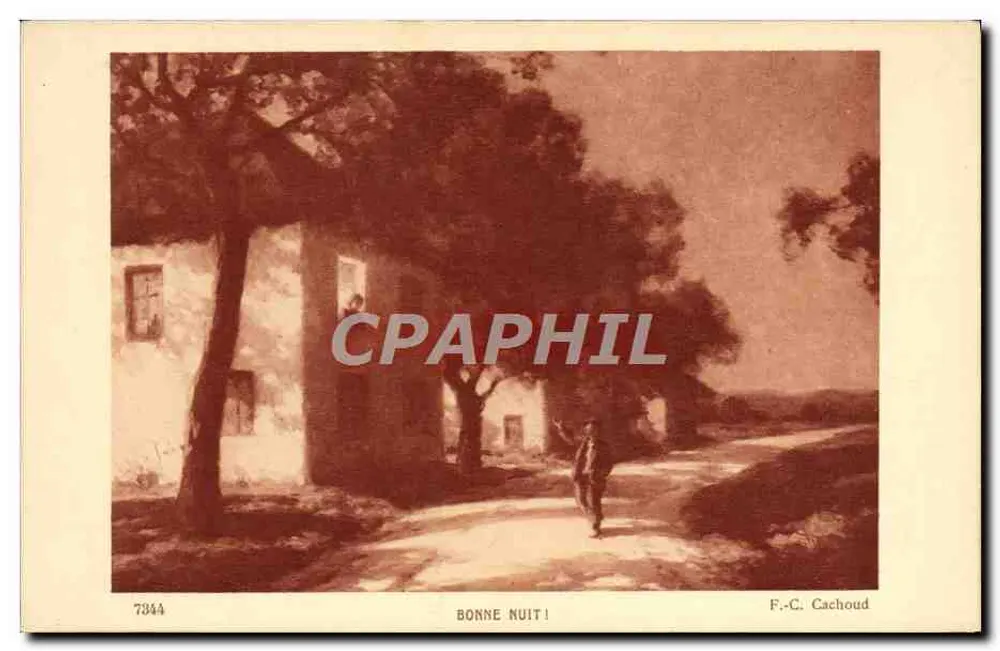 Boa Noite! — cena noturna com um homem caminhando — F.-C. Cachoud, n° 7344 - Frente
