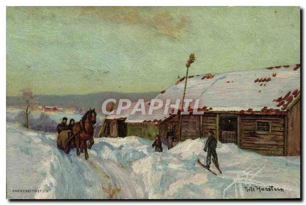 Cena invernal com carruagem e esquiador — Nils Hanstøen — Editor: Neseberettiet J.F. - Frente