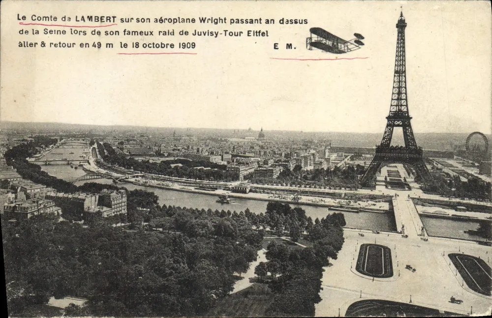 Der Graf LAMBERT auf seinem Wright-Flugzeug, das über die Seine fliegt während seines berühmten Fluges von Juvisy zur Eiffelturm am 18. Oktober 1909 — E. M. - Vorderseite