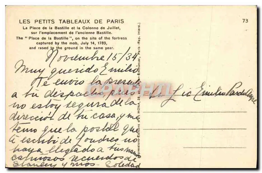 Place de la Bastille — Coluna de Julho — editor Mong, n°73 - Verso