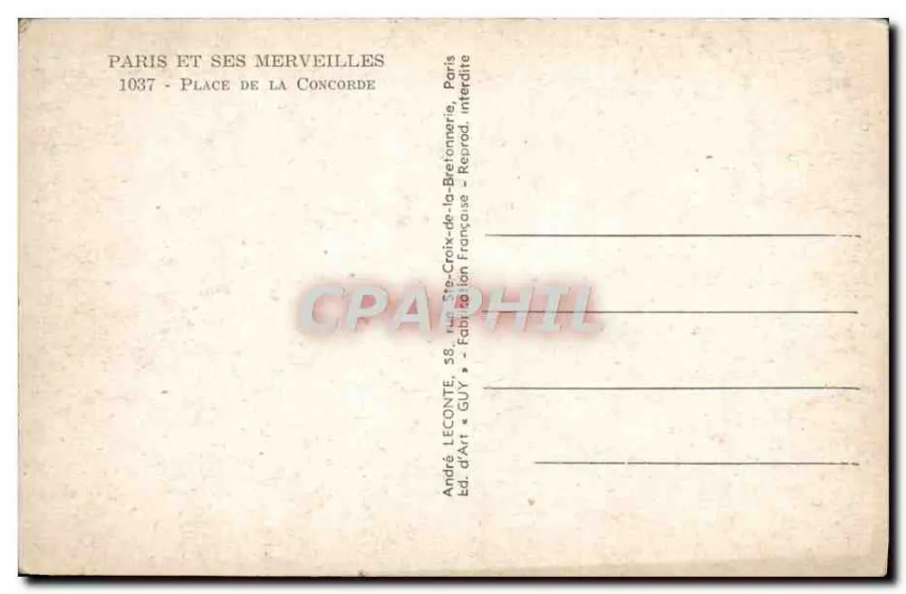 Place de la Concorde — Paris — Verlag André Leconte, Nr. 1037 - Rückseite