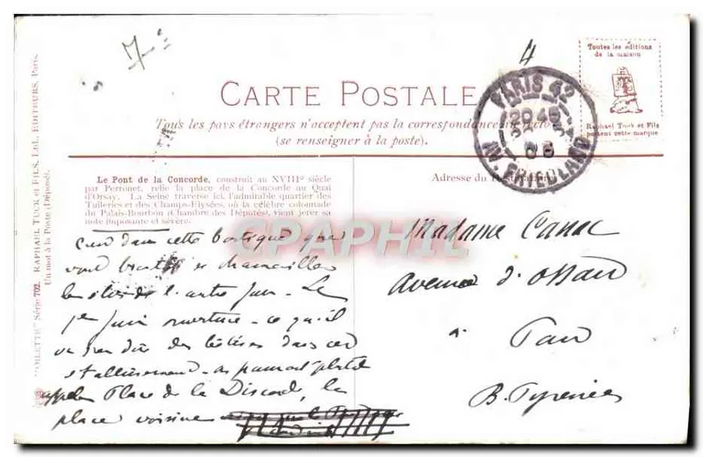 Paris, Ponte da Concorde — vista com barco a vapor — editor Raphael Turk & Fils, série 702 - Verso