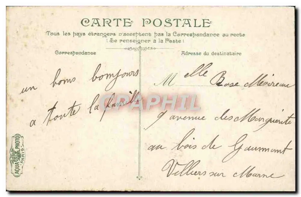 Paris. Der Eingang zu den Buttes Chaumont — Rue Secretan — Verlag AQUA & PHOTO, Nr. 242 - Rückseite