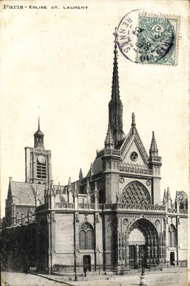 Paris - Igreja de São Laurent — vista do edifício gótico com seu campanário e portão — editor não identificado, n° 700 - Frente