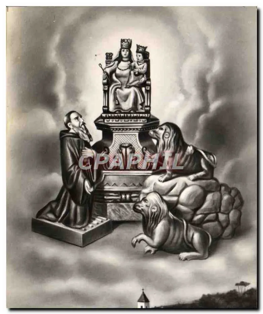 São Francisco de Assis — Virgem Maria com o Menino Jesus — estátua e leões — editor não visível - Frente
