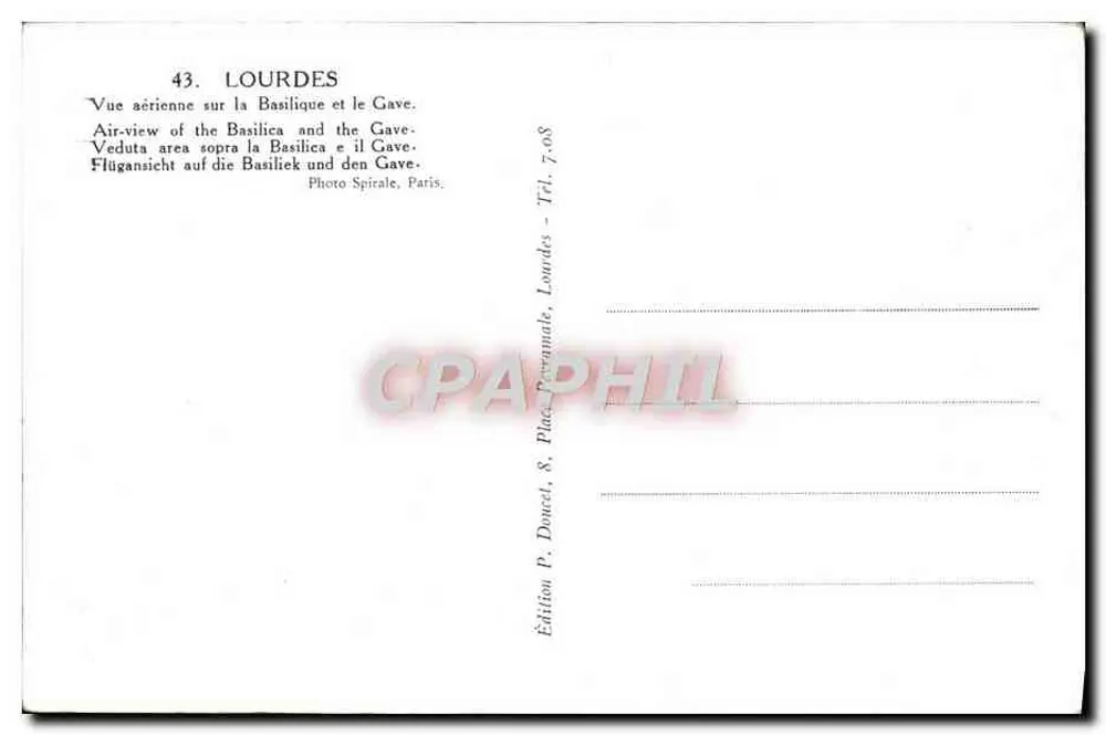 Lourdes — Luftbild der Basilika und des Gaves — Verlag P. Doucet, Paris - Rückseite