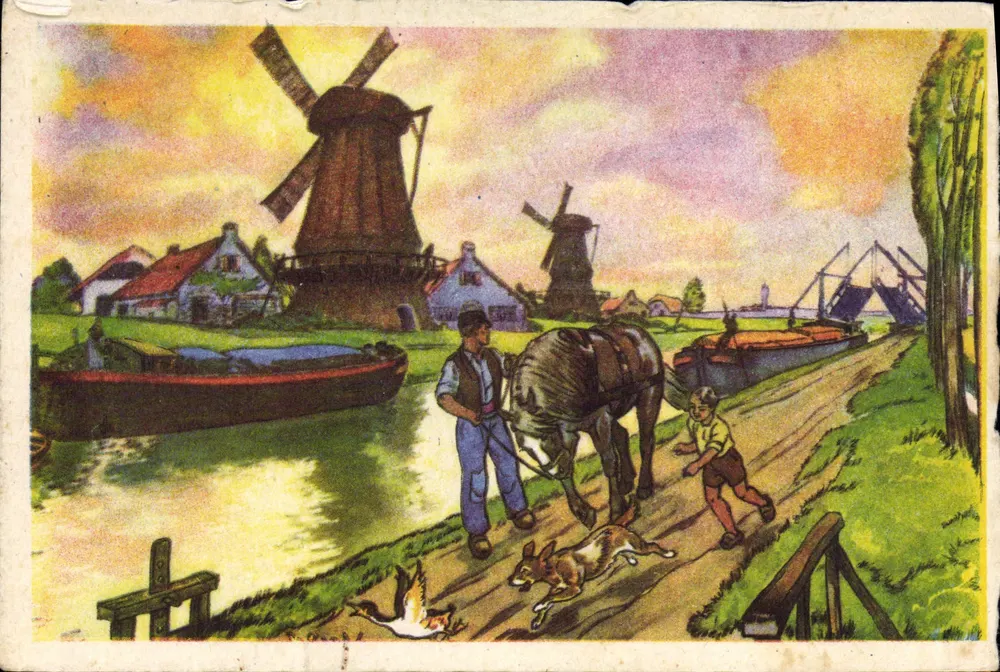 Paysage néerlandais — moulin à vent, canal et paysans — éditeur non visible - Vorderseite