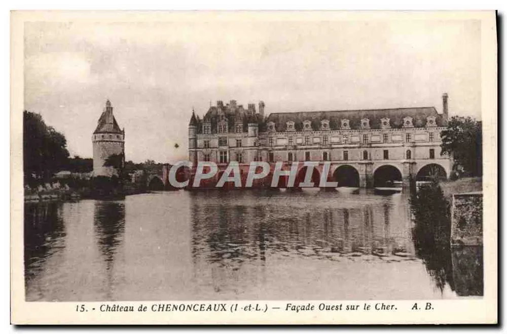 Castelo de Chenonceaux (Loire-et-Cher) — Fachaça Oeste sobre o Cher — A. B. - Frente