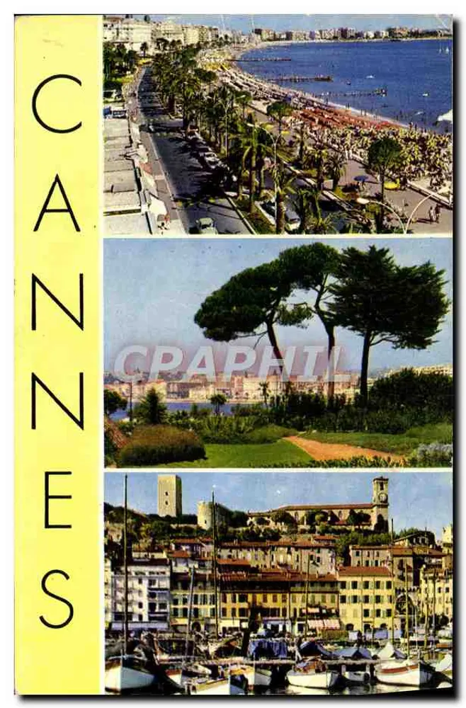 Cannes — widok panoramiczny, sosnowy klon i port — Wydawnictwo Art Montulet, Nice - Awers