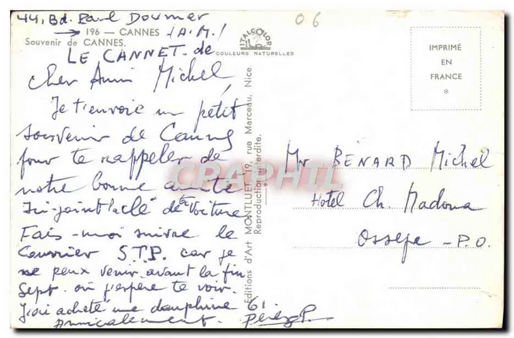 Cannes — widok panoramiczny, sosnowy klon i port — Wydawnictwo Art Montulet, Nice - Rewers
