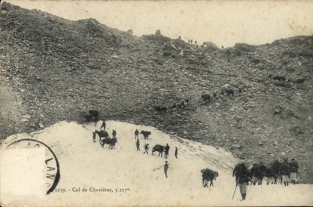 Col de Chavières, 3.217m — felsige Berglandschaft mit Herden und Reisenden — Verlag LANO, Nr. 1239 - Vorderseite