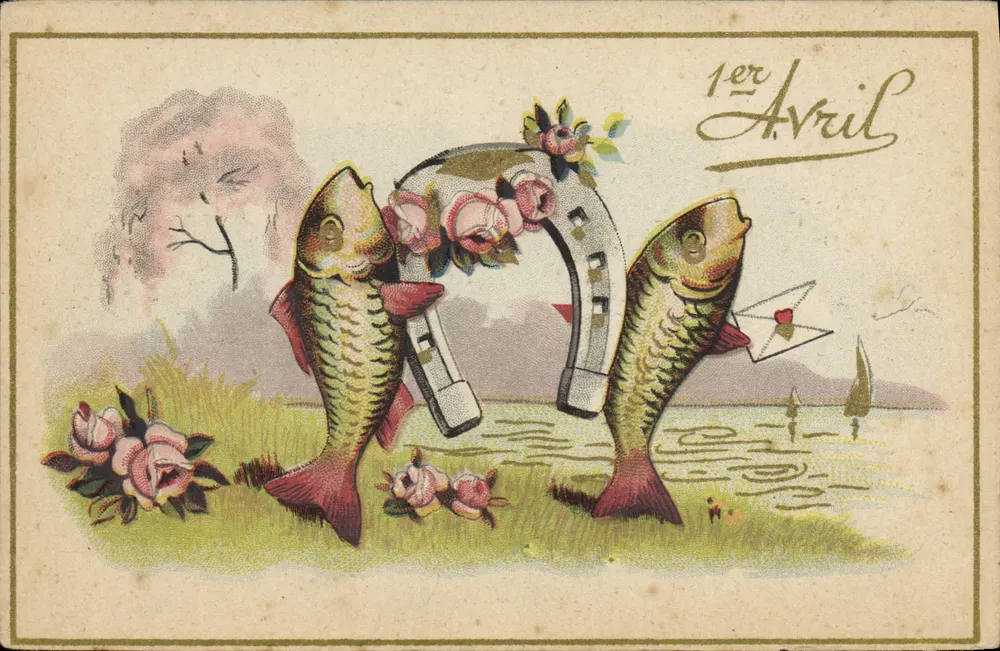Dois peixes e um ferro de cavalo — 1º de Abril — editor R. Hamel, Paris - Frente