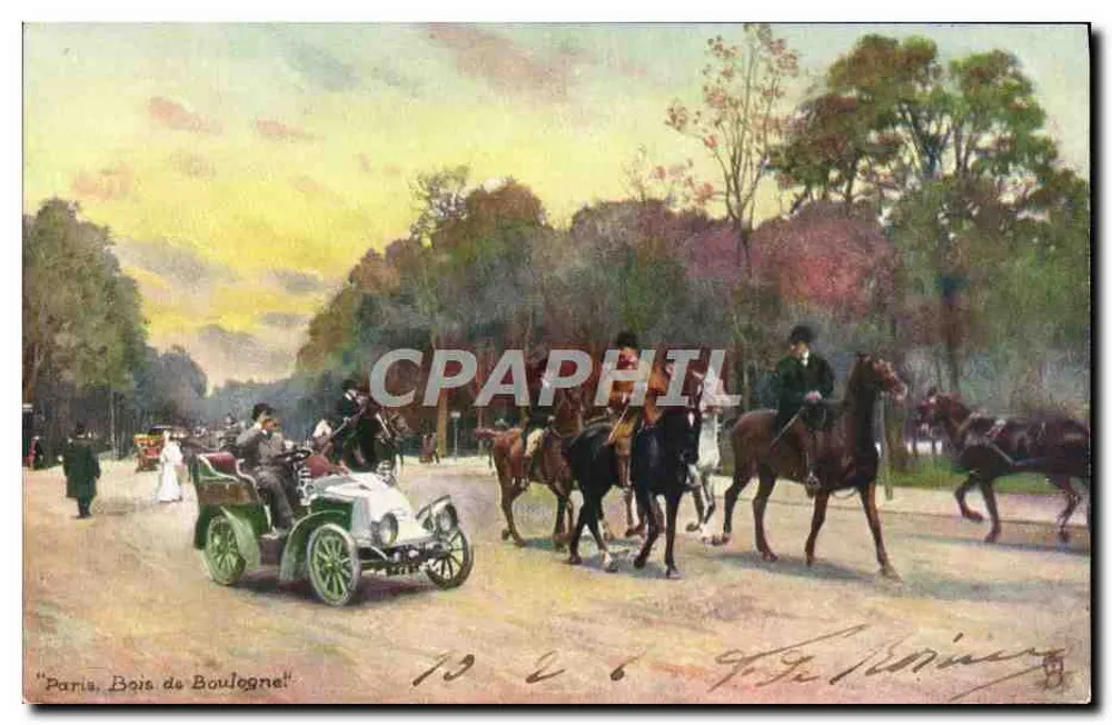 Paris, Bois de Boulogne — Szene einer Spaziergang mit Auto und Reitern — Verlag Raphael Tuck & Fils, Serie 621 - Vorderseite