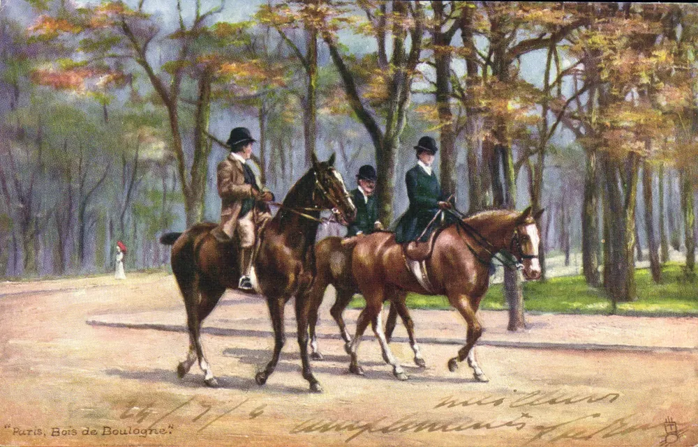 Paris, Bois de Boulogne — Reiter auf einer Fahrt — Raphael Tuck & Sons, Serie 601 - Vorderseite