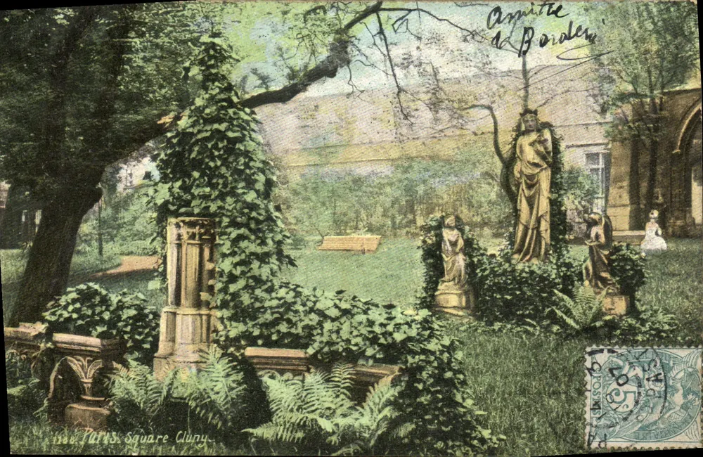 Plac Cluny — Ogród z figurami i lianami — wydawca L.V. & Cie, Paryż - Awers