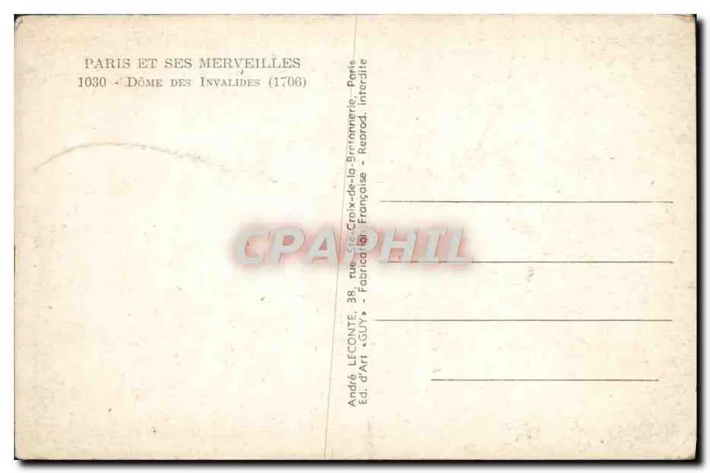 Dôme dos Invalides — Paris — Editor André Leconte-Guy, n° 1030 - Verso